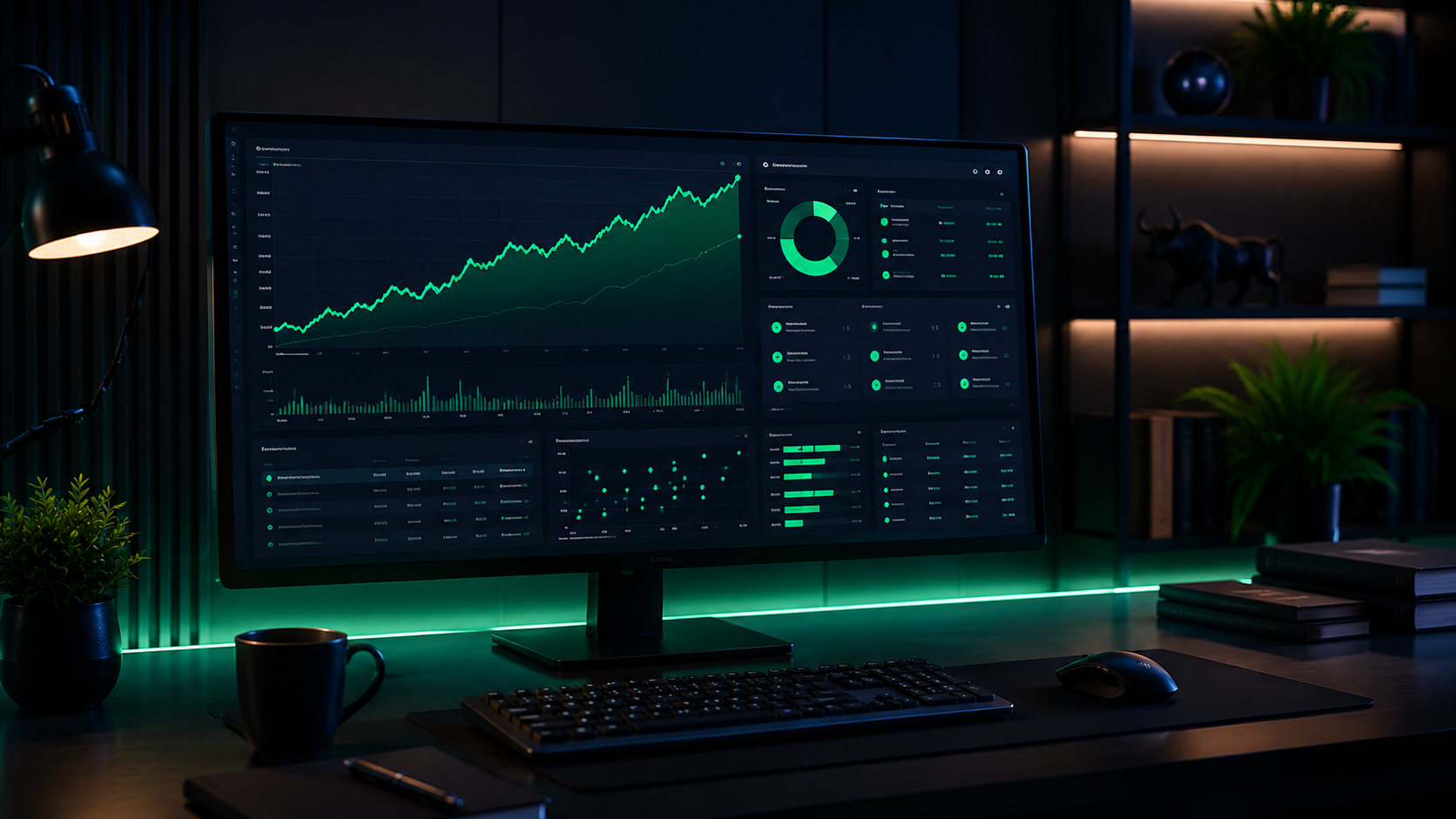Dashboard de trading sistemático con métricas, curva de equity y paneles de riesgo